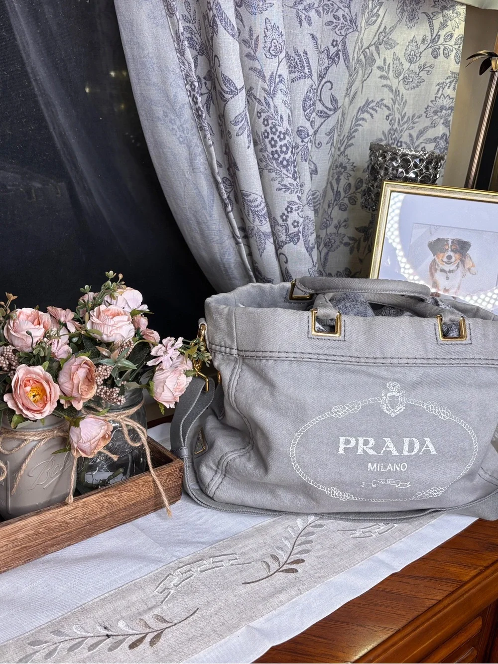 PRADA Gray Canapa Canvas Messenger Tote with Gold-Tone Hardware